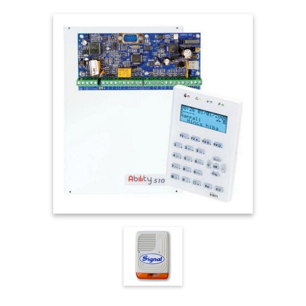 INIM IMB-ABILITY 510M riasztórendszer panel, doboz, táp, LCD szöveges kezelőegység, PS-128 sziréna
