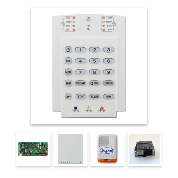 Paradox SP4000 riasztórendszer dobozzal, K10V kezelő, 30VA táp, PS128 kültéri sziréna