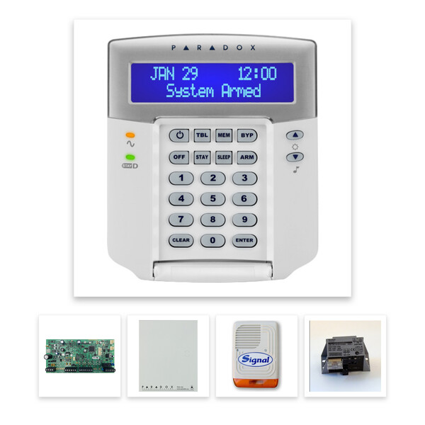 Paradox SP5500 riasztórendszer dobozzal, K32 LCD+ szöveges kezelő, 45VA táp, PS128 kültéri sz