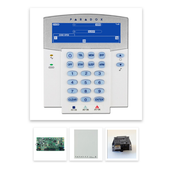 Paradox SP5500 riasztórendszer dobozzal, K35LCD FIX! szöveges kezelő, 45VA táp
