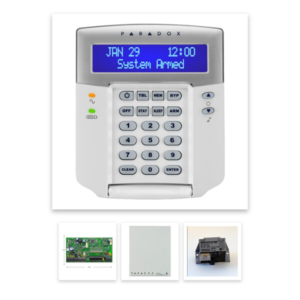 Paradox SP7000 riasztórendszer dobozzal, K32 LCD+ szöveges kezelő, 45VA táp