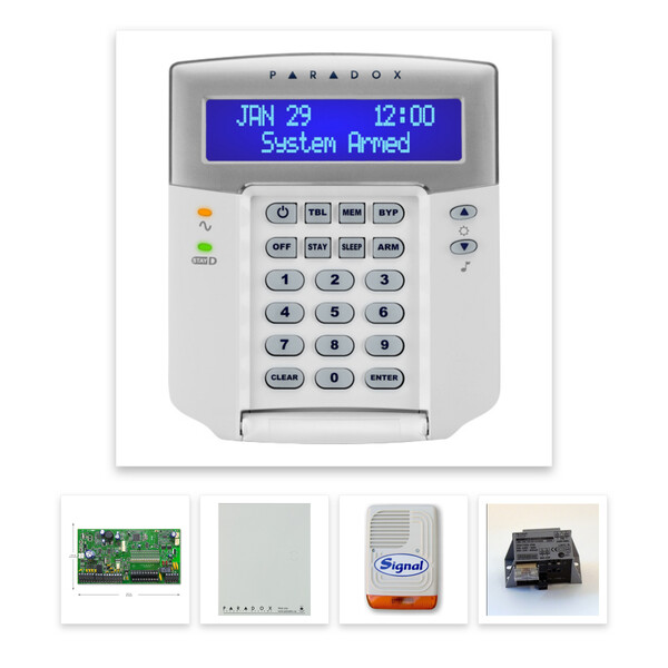 Paradox SP7000 riasztórendszer dobozzal, K32 LCD+ szöveges kezelő, 45VA táp, PS128 kültéri sz