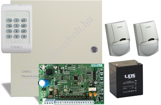 DSC PC1404 riasztórendszer csomag 2db mozgásérzékelő, 1db nyitásérzékelő 1db akkumulátor