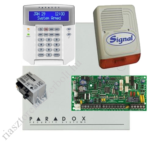 Paradox SP4000 riasztórendszer dobozzal, K32 LCD+ szöveges kezelő, 30VA táp, PS128 kültéri sz