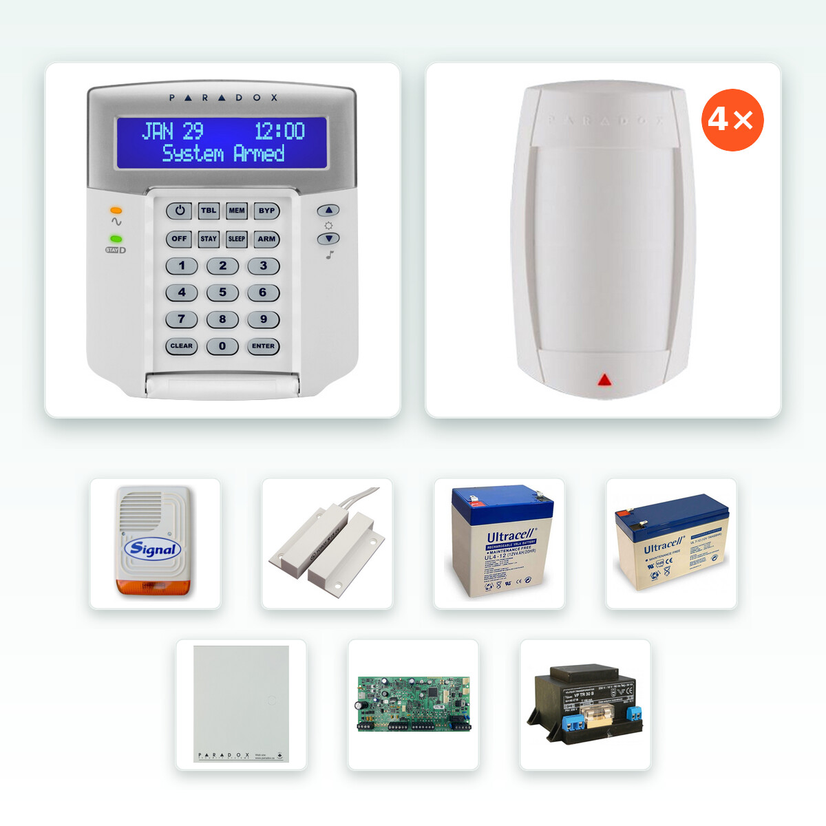 Paradox SP5500+ komplett riasztórendszer szett – 4 db DG75 profi, 40 kg-ig kisállatvédett érzékelővel, K32LCD+ szöveges kezelővel