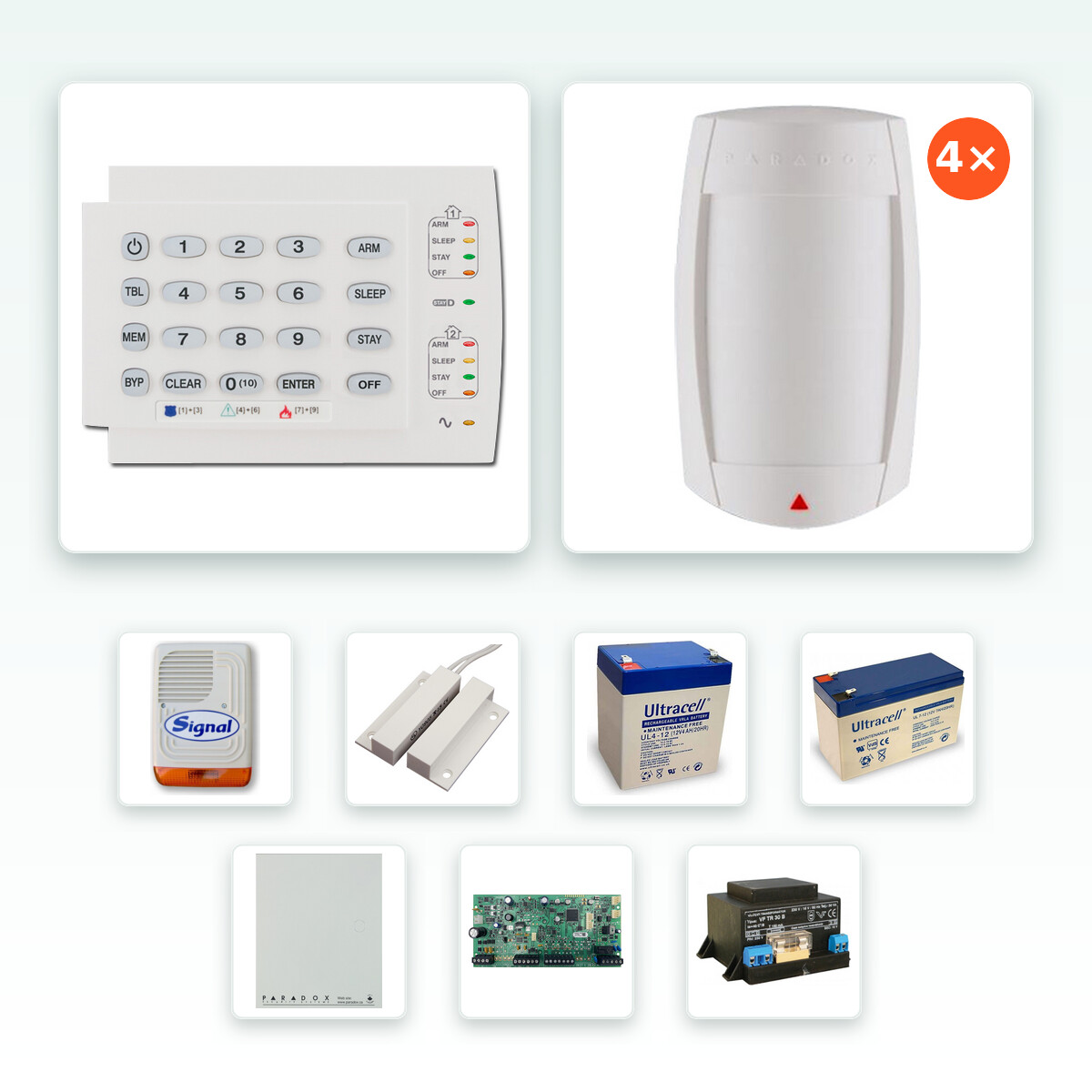 Paradox SP5500+ komplett riasztórendszer szett – 4 db DG75 profi, 40 kg-ig kisállatvédett érzékelővel, K10H LED kezelővel