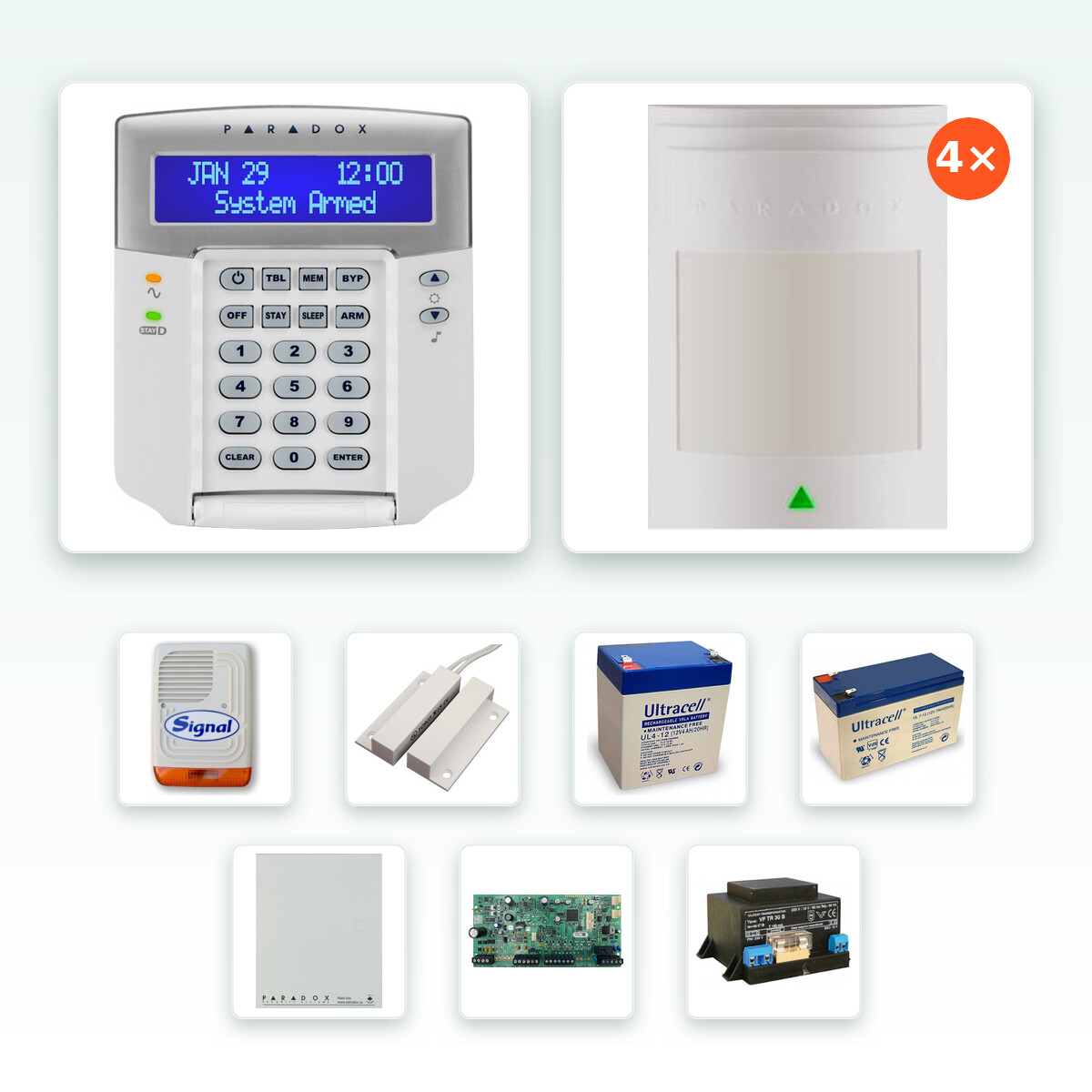 Paradox SP5500+ komplett riasztórendszer szett – 4 db 476PET kisállatvédett érzékelővel, K32LCD+ szöveges kezelővel