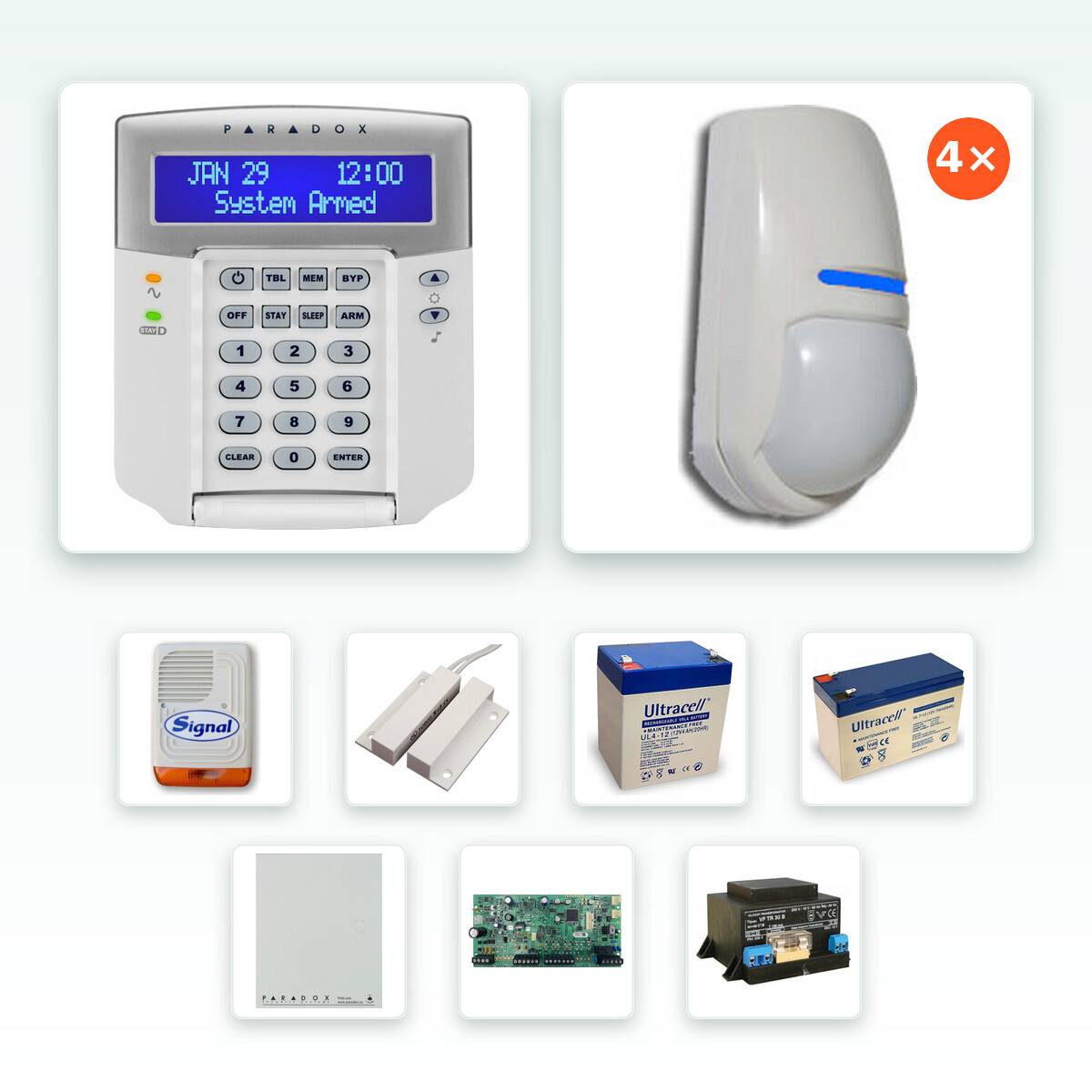 Paradox SP5500+ komplett riasztórendszer szett – 4 db Pyronix KX15DT2 kombinált (PIR + mikrohullám) mozgásérzékelővel, K32LCD+ szöveges kezelővel
