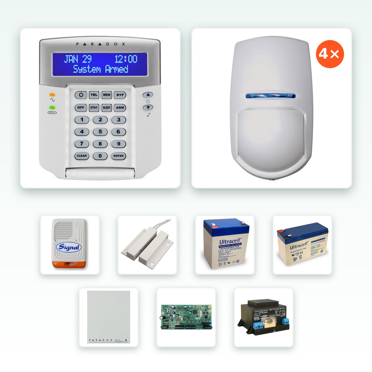 Paradox SP5500+ komplett riasztórendszer szett – 4 db Pyronix KX10DTP2 kisállatvédett kombinált (PIR + mikrohullám) mozgásérzékelővel, K32LCD+ szöveges kezelővel