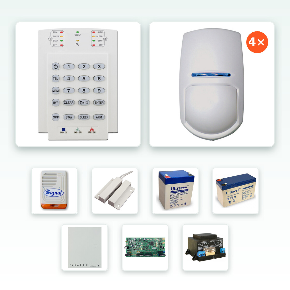 Paradox SP5500+ komplett riasztórendszer szett – 4 db Pyronix KX10DTP2 kisállatvédett kombinált (PIR + mikrohullám) mozgásérzékelővel, K10V LED kezelővel