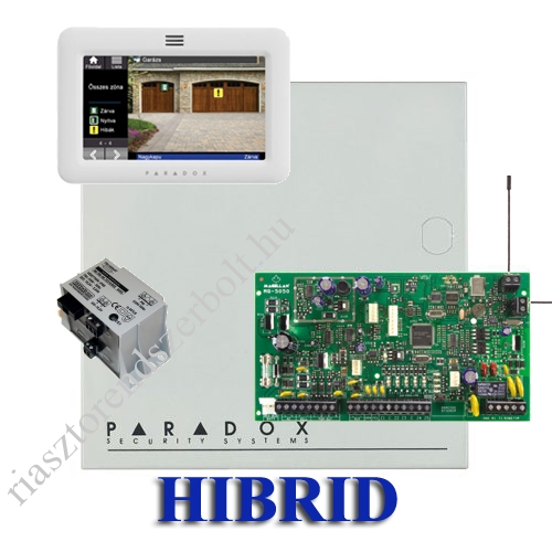 Paradox MG5000 hibrid rádiós riasztó, dobozzal, fehér TM50 érintőképernyős kezelő, 30VA táp