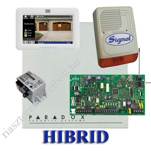 Paradox MG5000 hibrid rádiós riasztó, dobozzal, fehér TM50 érintőképernyős kezelő, 30VA táp, PS128 s