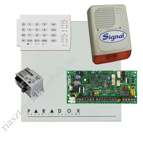 Paradox SP4000 riasztórendszer dobozzal, K10H kezelő, 30VA táp, PS128 kültéri sziréna