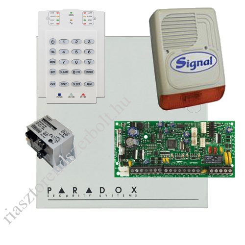 Paradox SP4000 riasztórendszer dobozzal, K10V kezelő, 30VA táp, PS128 kültéri sziréna