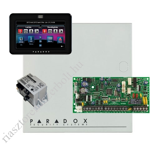 Paradox SP4000 riasztórendszer dobozzal, fekete TM50 érintőképernyős kezelő, Makrai PS30H tápegység