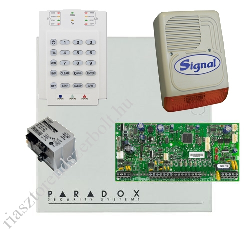 Paradox SP5500 riasztórendszer dobozzal, K10V kezelő, 45VA táp, PS128 kültéri sziréna