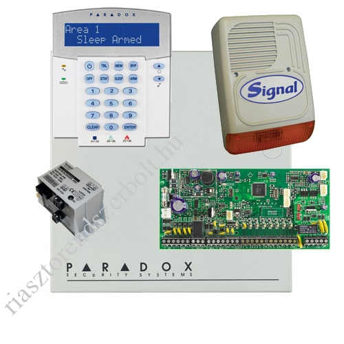 Paradox SP6000 riasztórendszer dobozzal, K32 LCD+ szöveges kezelő, 45VA táp, PS128 kültéri sz