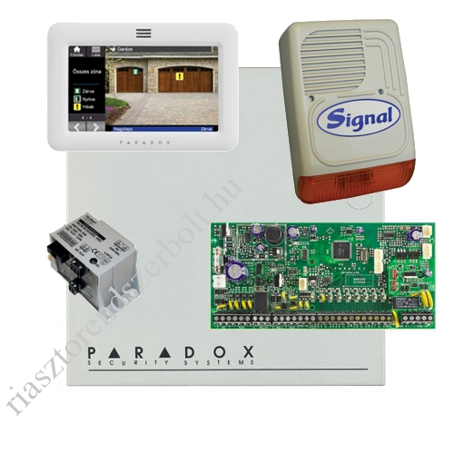 Paradox SP6000 riasztó dobozzal, fehér TM50 érintőképernyős kezelő, 45VA táp, PS128 szir