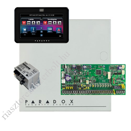 Paradox SP6000 riasztó dobozzal, fekete TM50 érintőképernyős kezelő, 45VA táp