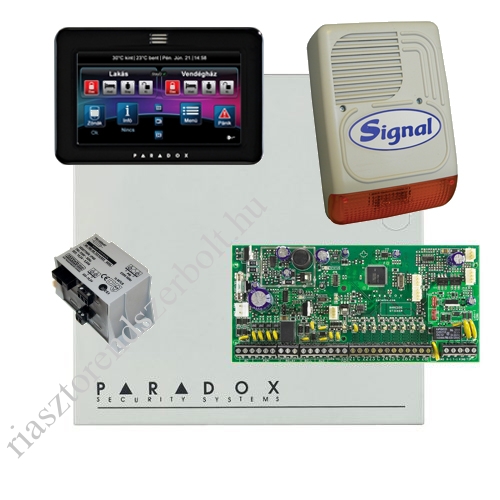 Paradox SP6000 riasztó dobozzal, fekete TM50 érintőképernyős kezelő, 45VA táp, PS128 szir