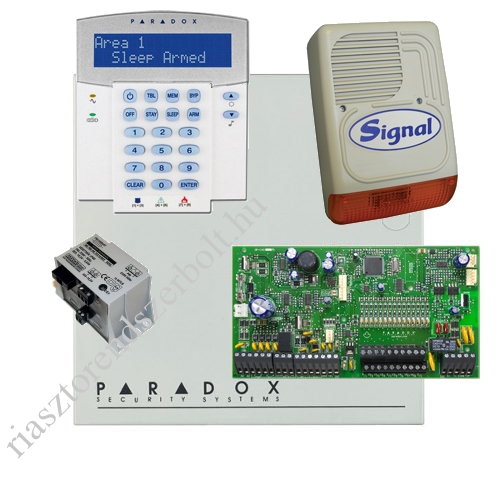 Paradox SP7000 riasztórendszer dobozzal, K32 LCD+ szöveges kezelő, 45VA táp, PS128 kültéri sz