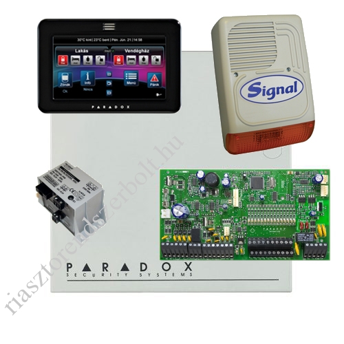 Paradox SP7000 riasztó dobozzal, fekete TM50 érintőképernyős kezelő, 45VA táp, PS128 szir